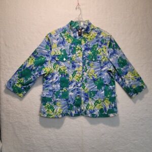 Multiples Women's Size XL Blue Watercolor Pattern Button Front Jacket W/Pockets